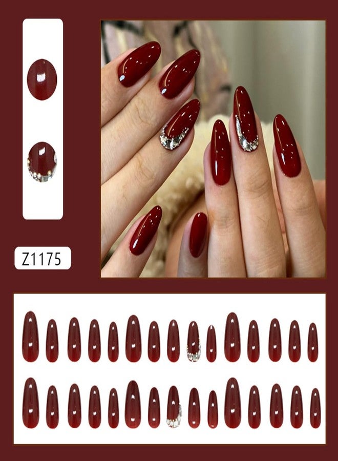 OSTTMA Dark Wine Red Press on Nails Almond Medium Fake Nails Elegant Wine Red False Nail with Diamond Rhinestones Gem Design Solid Color Acrylic Nail Reusable Glue on Nails for Women DIY Manicure,30Pcs - Image 2